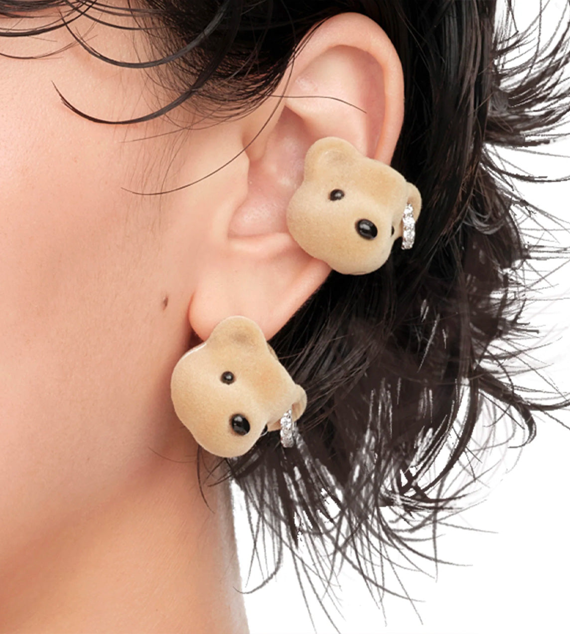 Yvmin - Flocked Bear Head Ear Cuff Brown 