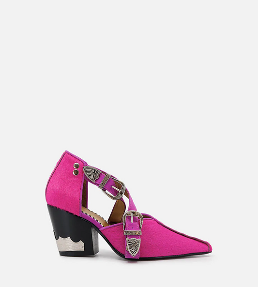 Toga Pulla - Cross Front Pink Pony Hair Heel